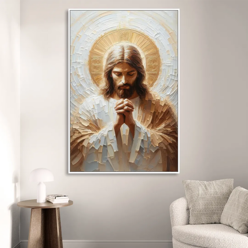 Jesus Praying Living Room - White Canvas Wall Art