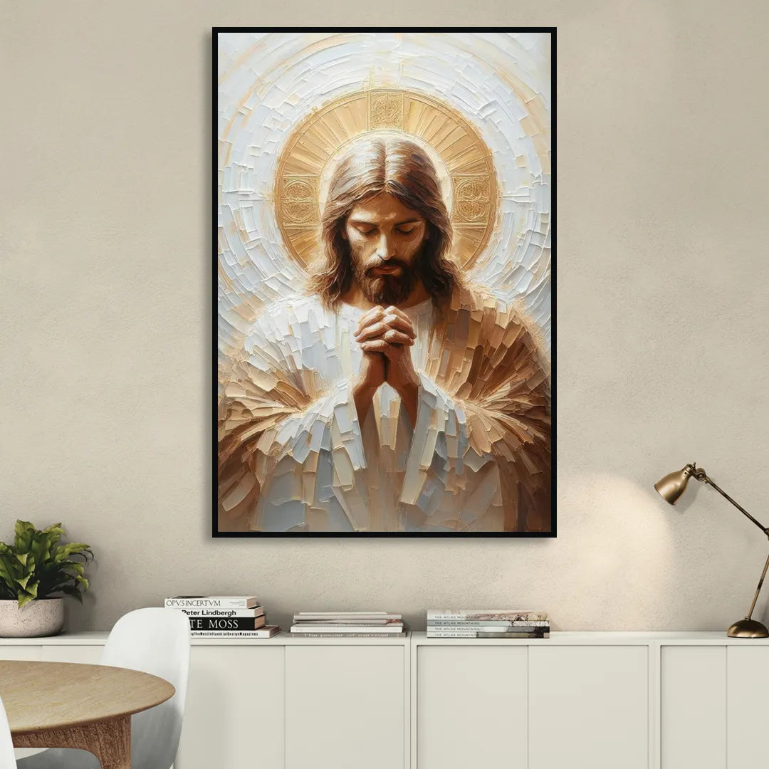 Jesus Praying Living Room - Black Canvas Wall Art