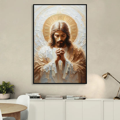 Jesus Praying Living Room - Black Canvas Wall Art