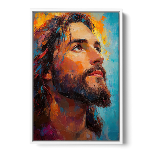 Jesus in Light Christian Absctact - White Framed Canvas Wall Art - Front