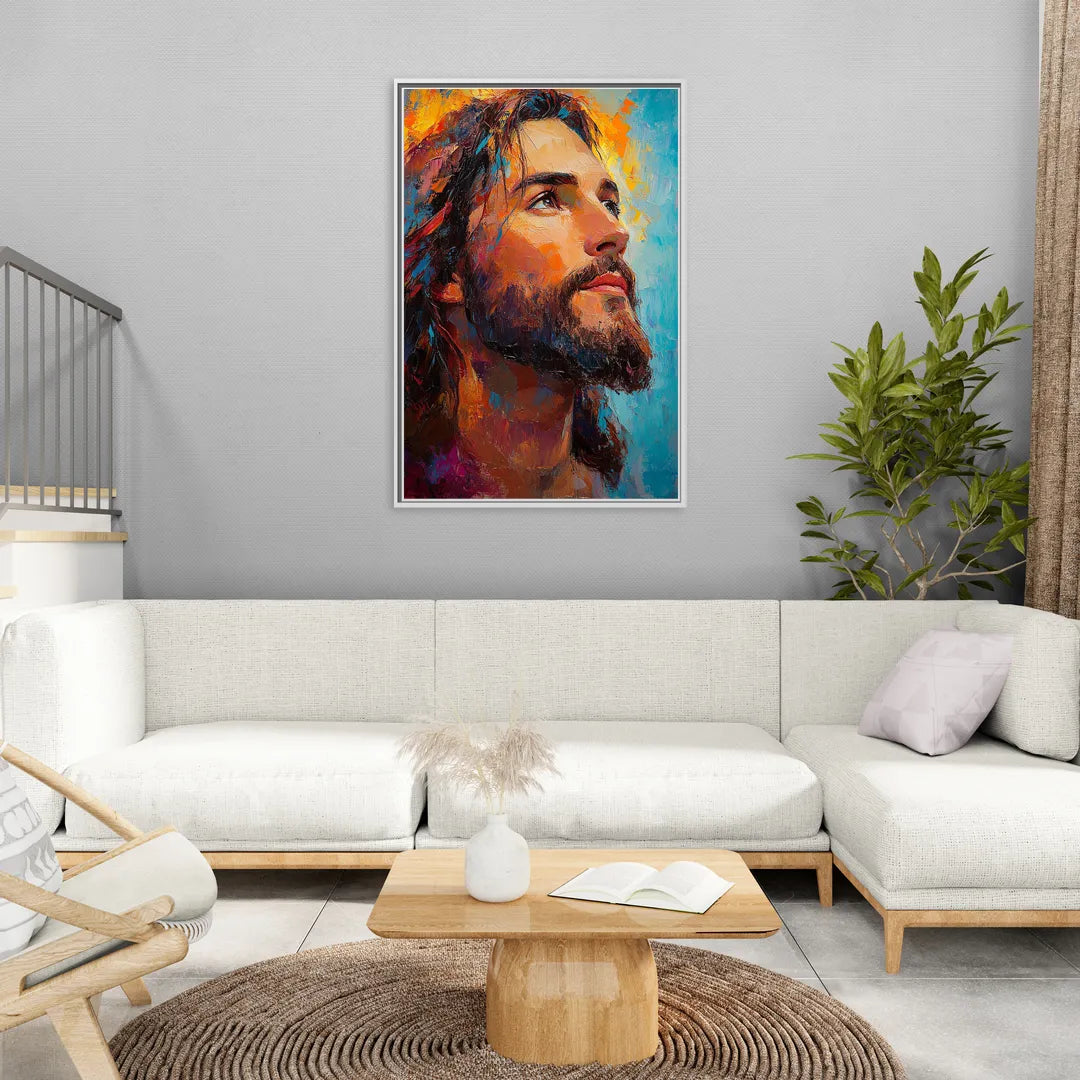 Jesus in Light Christian Absctact - Living Room White Frame Canvas