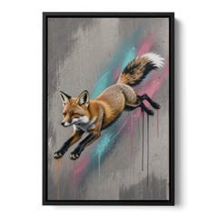 Jumping Fox on Concrete in Graffiti Style - Black Framed Canvas Wall Art - Front