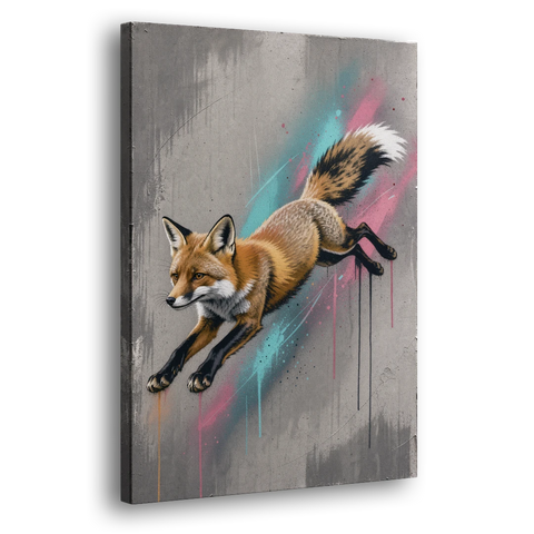 Jumping Fox on Concrete in Graffiti Style - Canvas Wall Art