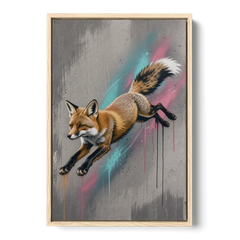 Jumping Fox on Concrete in Graffiti Style - Oak Framed Canvas Wall Art - Front