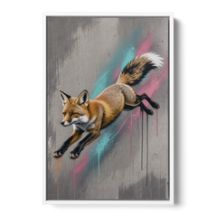 Jumping Fox on Concrete in Graffiti Style - White Framed Canvas Wall Art - Front