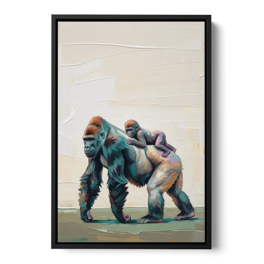 Jungle Animal Nursery Art with a Gorilla Piggyback - Black Framed Canvas Wall Art - Front