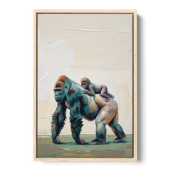 Jungle Animal Nursery Art with a Gorilla Piggyback - Oak Framed Canvas Wall Art - Front