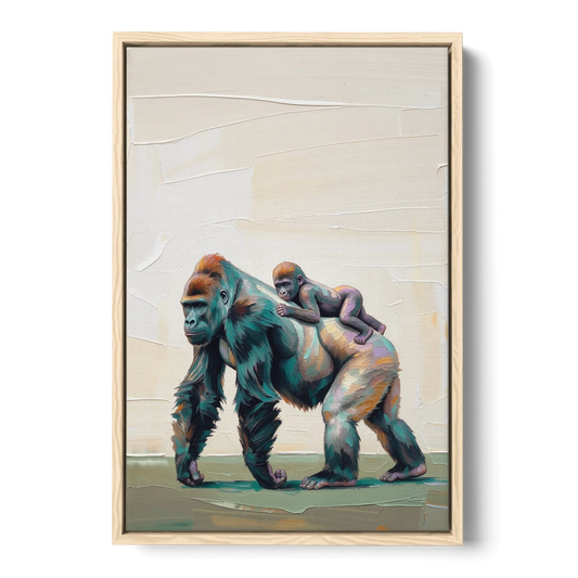 Jungle Animal Nursery Art with a Gorilla Piggyback - Oak Framed Canvas Wall Art - Front
