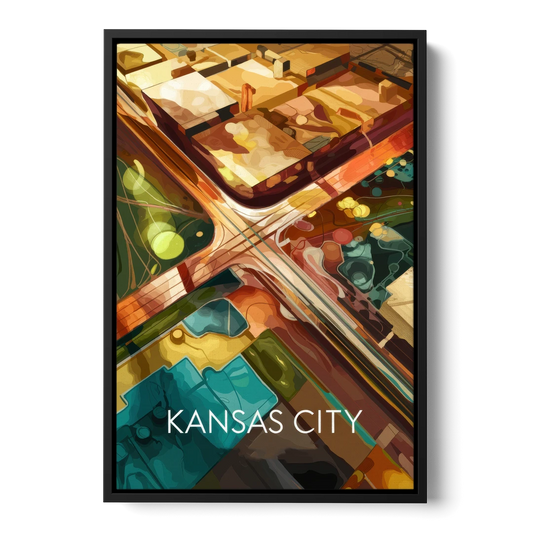 Kansas City Aerial View - Black Framed Canvas Wall Art - Front