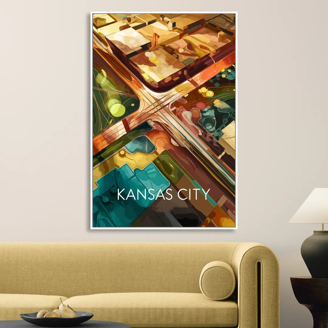 Kansas City Aerial View Living Room - White Canvas Wall Art