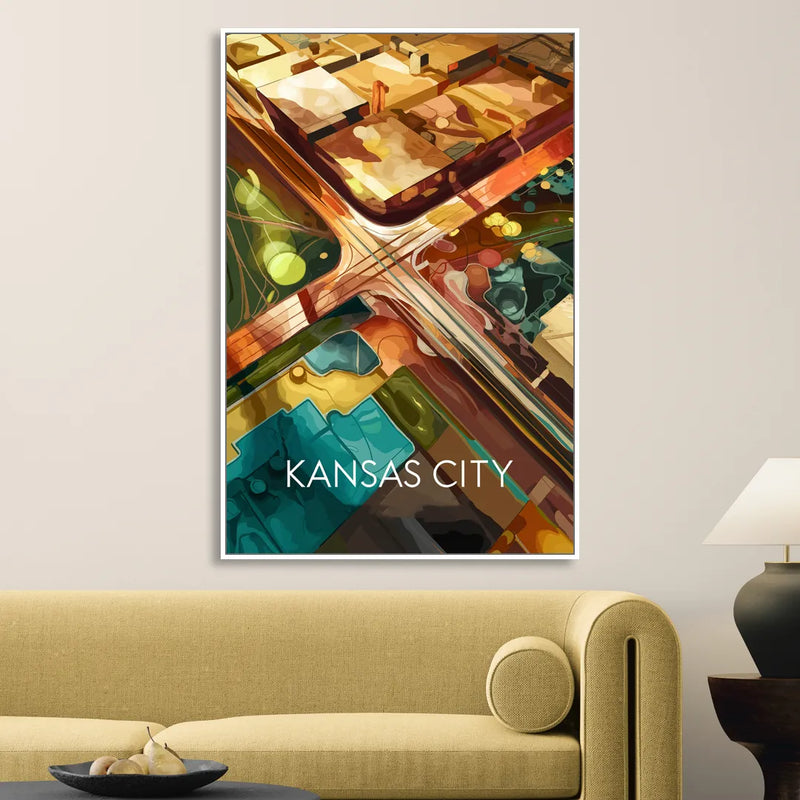 Kansas City Aerial View Living Room - White Canvas Wall Art