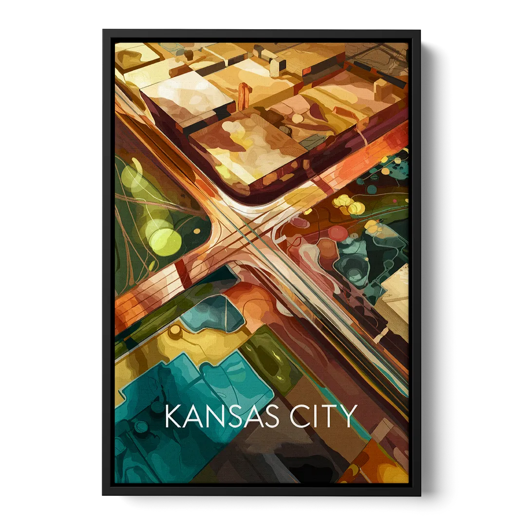 Kansas City Aerial View Front - Black Canvas Wall Art