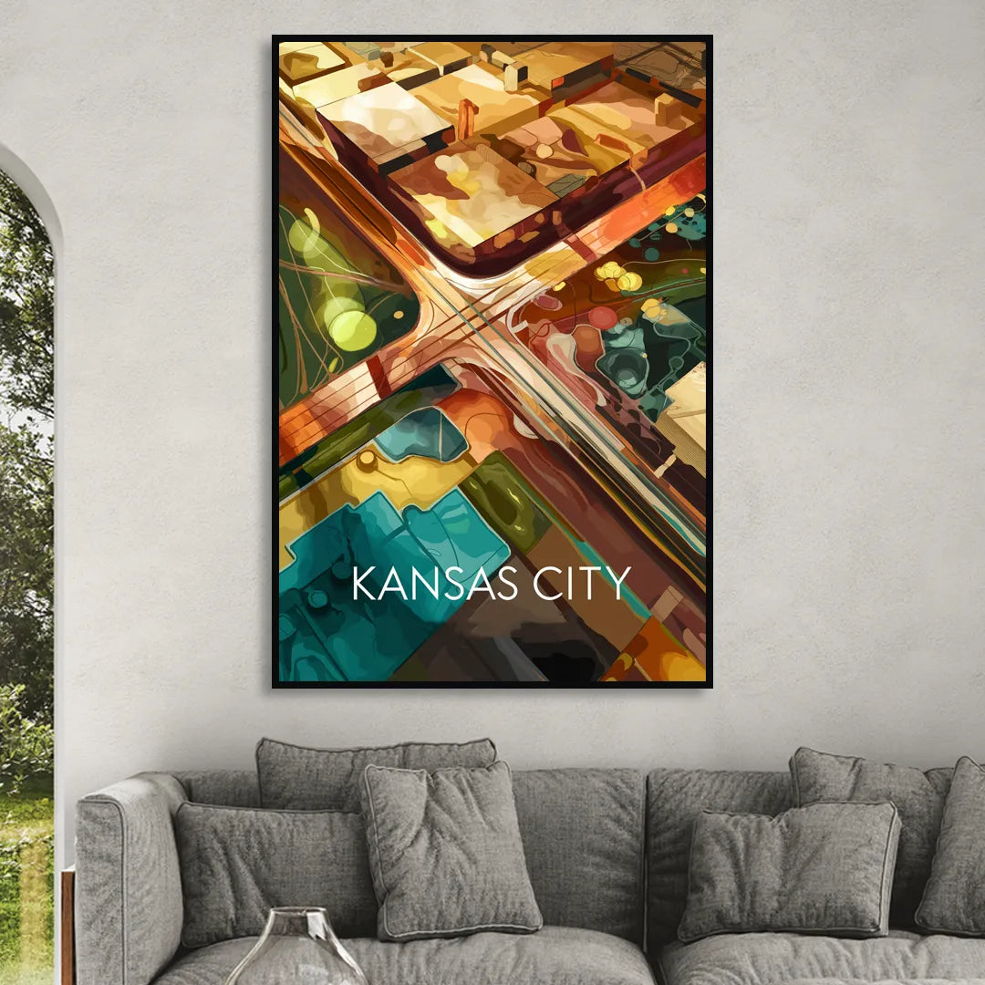 Kansas City Aerial View Living Room - Black Canvas Wall Art