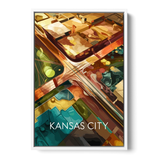 Kansas City Aerial View - White Framed Canvas Wall Art - Front