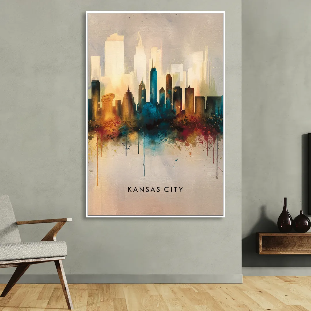 Kansas City Artistic Skyline Living Room - White Canvas Wall Art