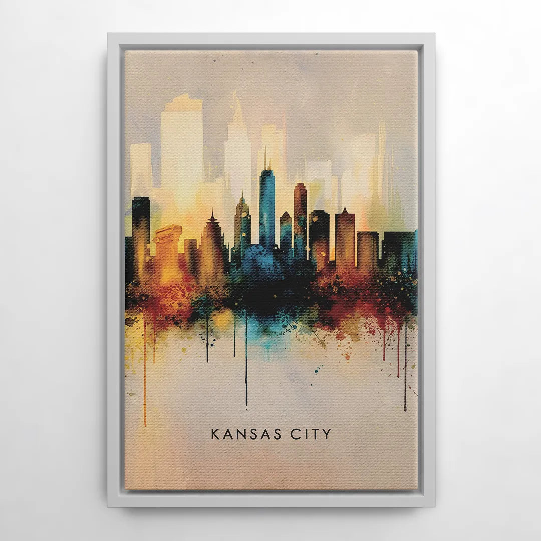 Kansas City Artistic Skyline - White Frame Canvas