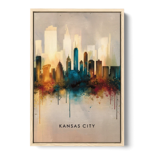 Kansas City Artistic Skyline - Oak Framed Canvas Wall Art - Front