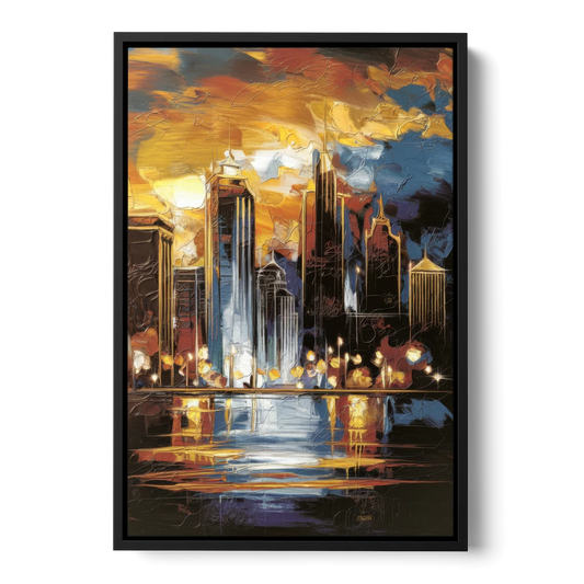 Kansas City Downtown By Night Panorama - Black Framed Canvas Wall Art - Front