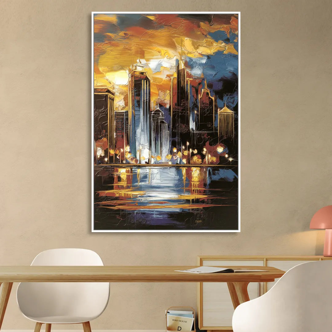 Kansas City Downtown By Night Panorama Sitting Room - White Canvas Wall Art