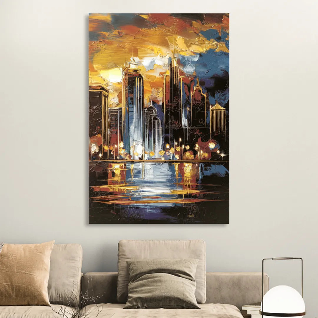Kansas City Downtown By Night Panorama Living Room - Canvas Wall Art