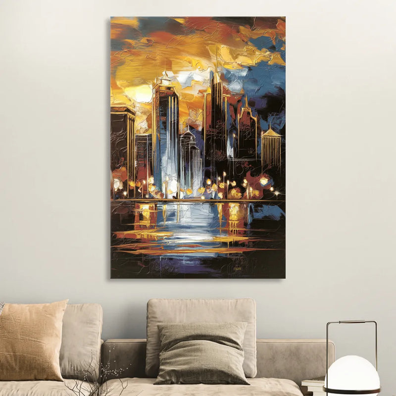 Kansas City Downtown By Night Panorama Living Room - Canvas Wall Art