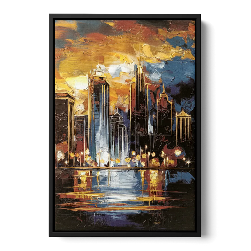 Kansas City Downtown By Night Panorama Front - Black Canvas Wall Art