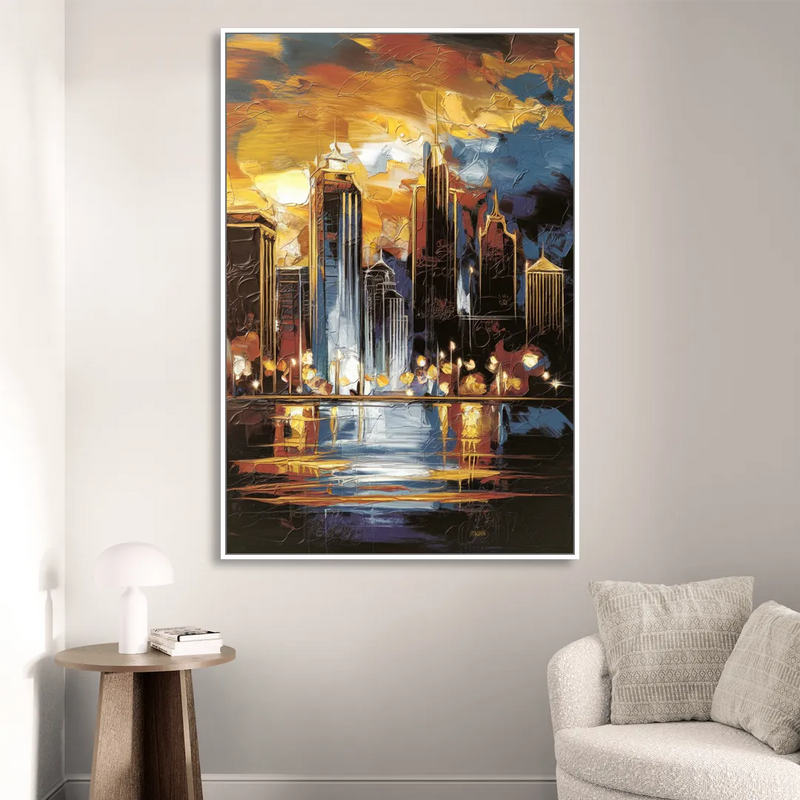 Kansas City Downtown By Night Panorama Living Room - White Canvas Wall Art