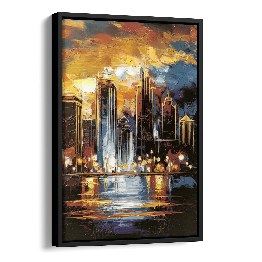 Kansas City Downtown By Night Panorama Side - Black Canvas Wall Art