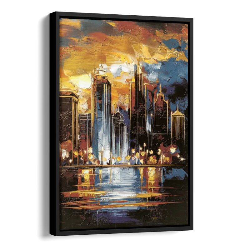 Kansas City Downtown By Night Panorama Side - Black Canvas Wall Art