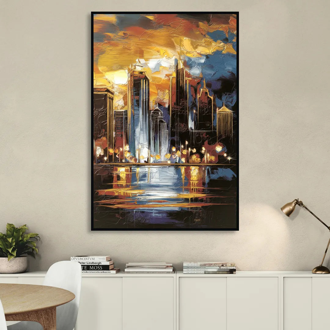 Kansas City Downtown By Night Panorama Living Room - Black Canvas Wall Art