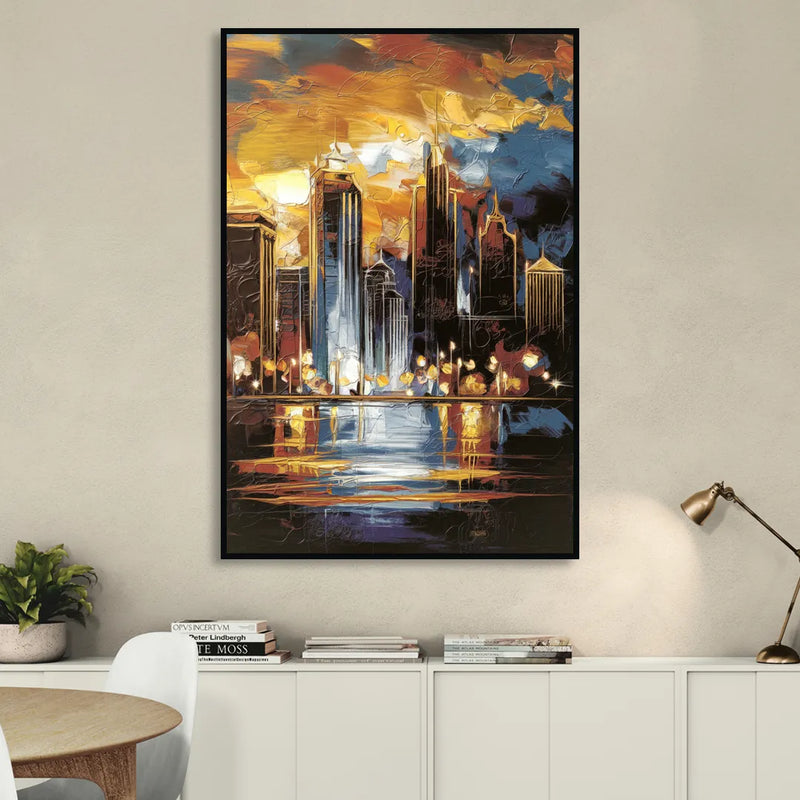 Kansas City Downtown By Night Panorama Living Room - Black Canvas Wall Art