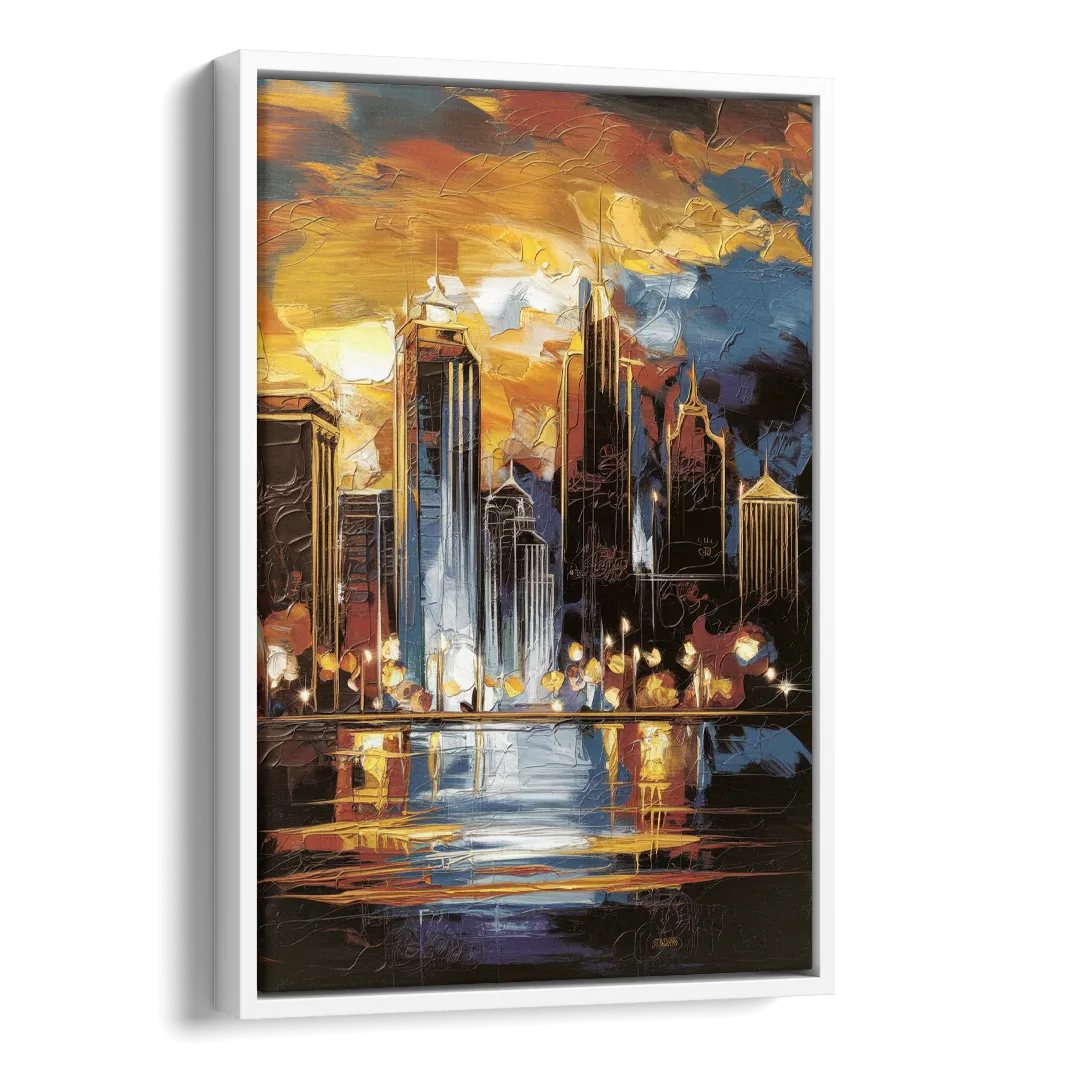 Kansas City Downtown By Night Panorama Side - White Canvas Wall Art