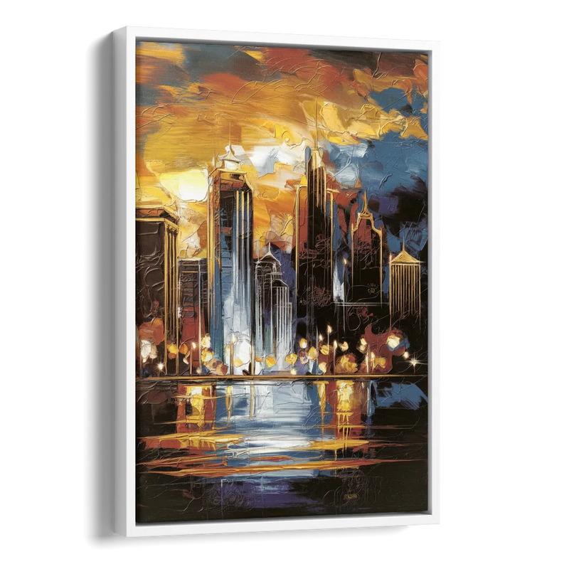 Kansas City Downtown By Night Panorama Side - White Canvas Wall Art