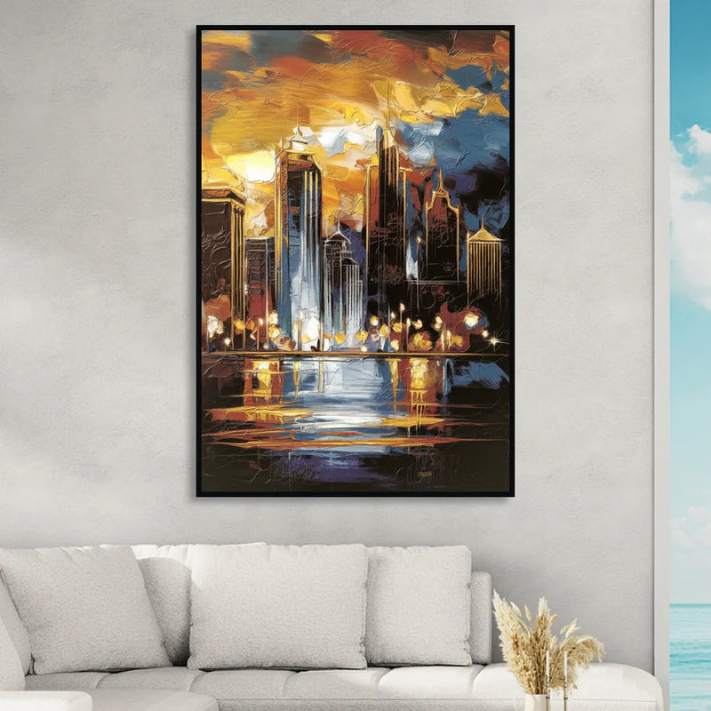 Kansas City Downtown By Night Panorama Sitting Room - Black Canvas Wall Art