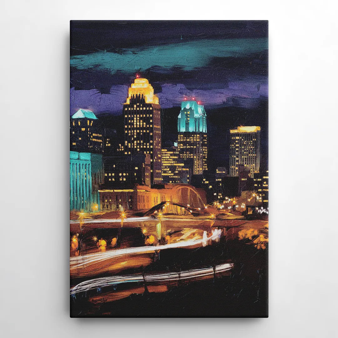 Kansas City Nighttime Skyline - Canvas Wall Art