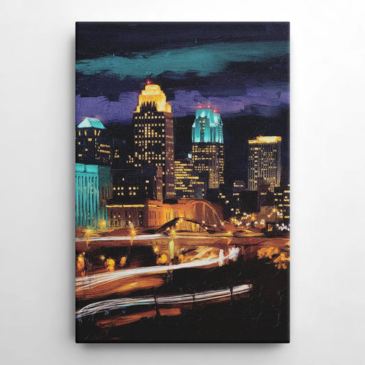 Kansas City Nighttime Skyline - Canvas Wall Art