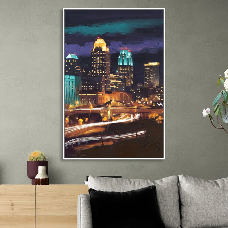 Kansas City Nighttime Skyline Living Room - White Canvas Wall Art