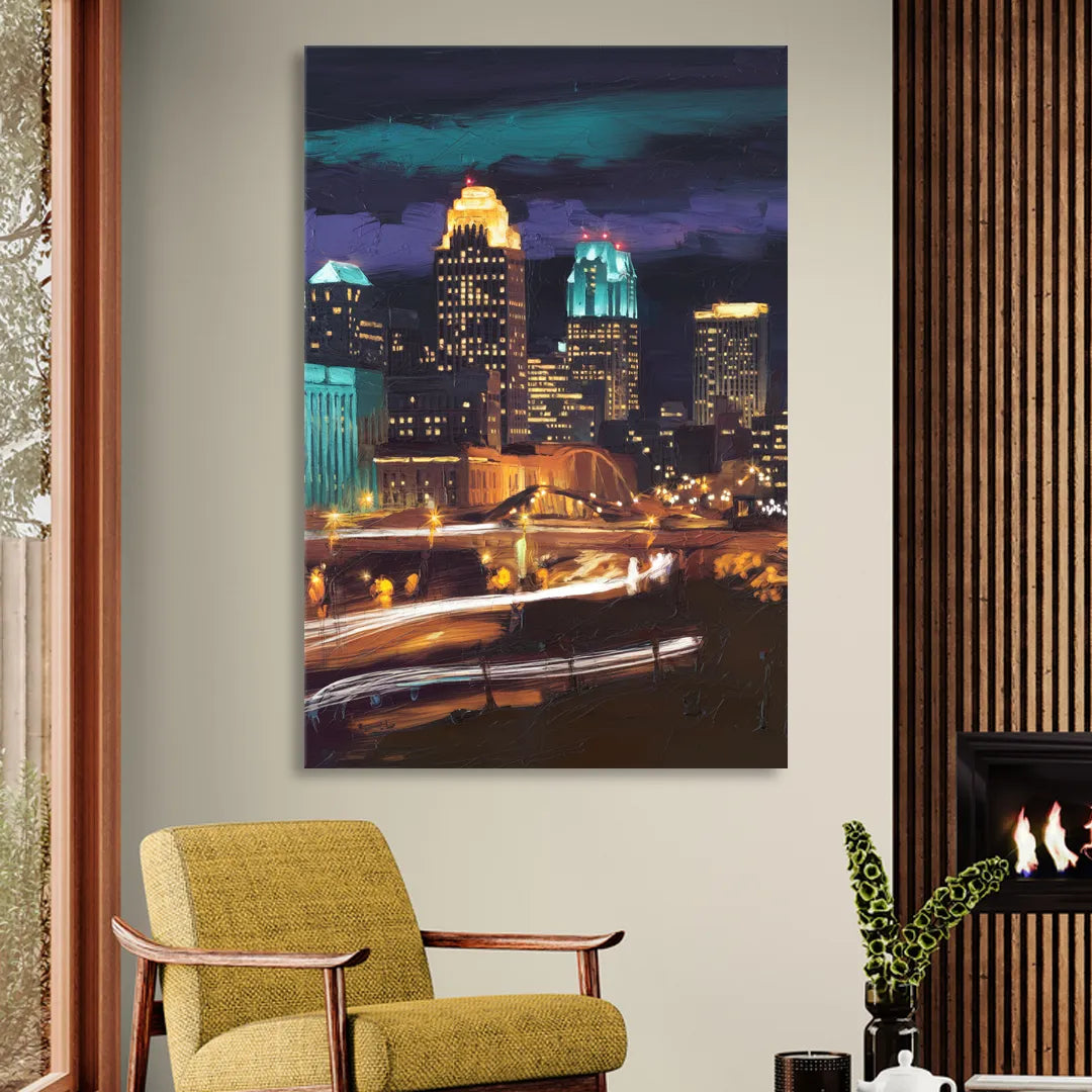 Kansas City Nighttime Skyline Sitting Room - Canvas Wall Art