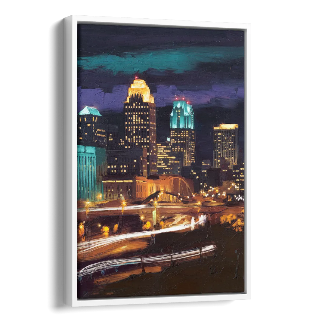 Kansas City Nighttime Skyline Side - White Canvas Wall Art