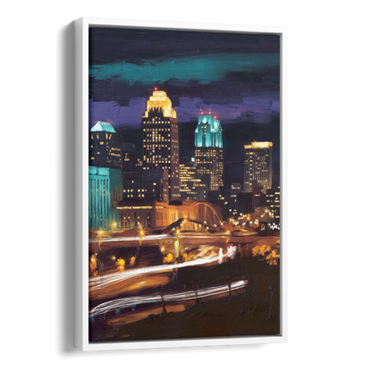 Kansas City Nighttime Skyline Side - White Canvas Wall Art