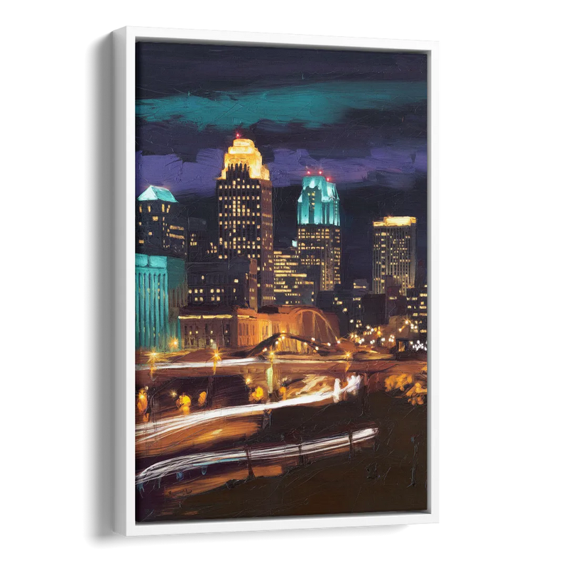 Kansas City Nighttime Skyline Side - White Canvas Wall Art