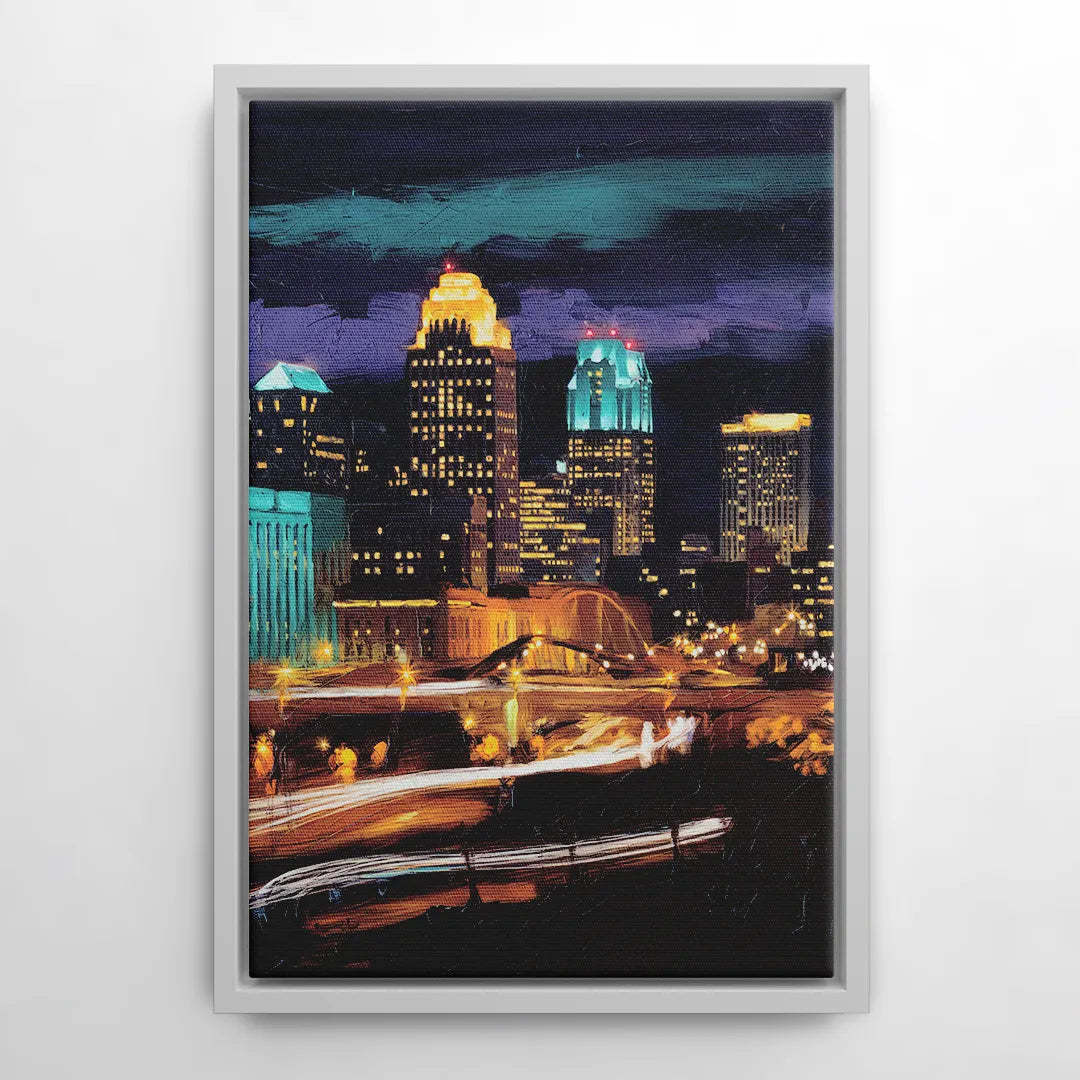 Kansas City Nighttime Skyline - White Frame Canvas
