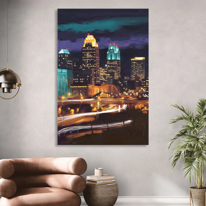 Kansas City Nighttime Skyline Living Room - Canvas Wall Art
