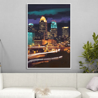 Kansas City Nighttime Skyline Sitting Room - White Canvas Wall Art