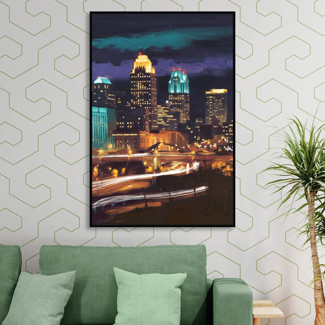 Kansas City Nighttime Skyline Living Room - Black Canvas Wall Art