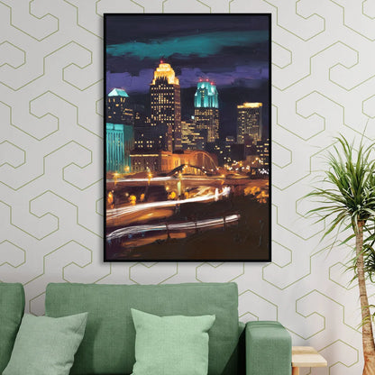 Kansas City Nighttime Skyline Living Room - Black Canvas Wall Art