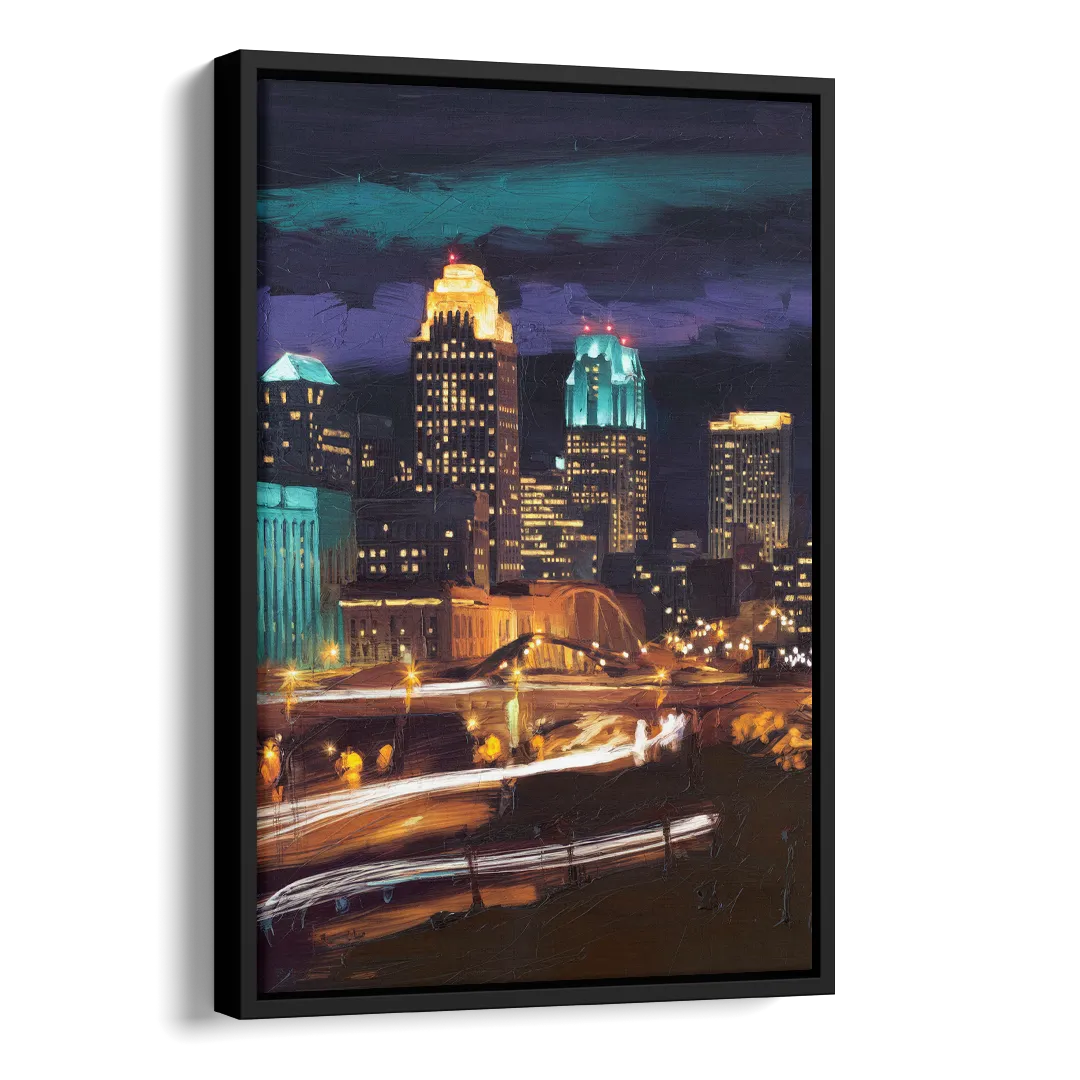 Kansas City Nighttime Skyline Side - Black Canvas Wall Art