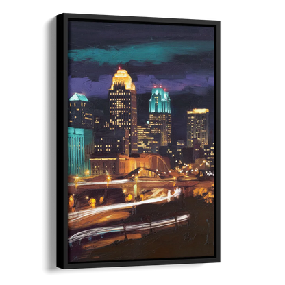 Kansas City Nighttime Skyline Side - Black Canvas Wall Art