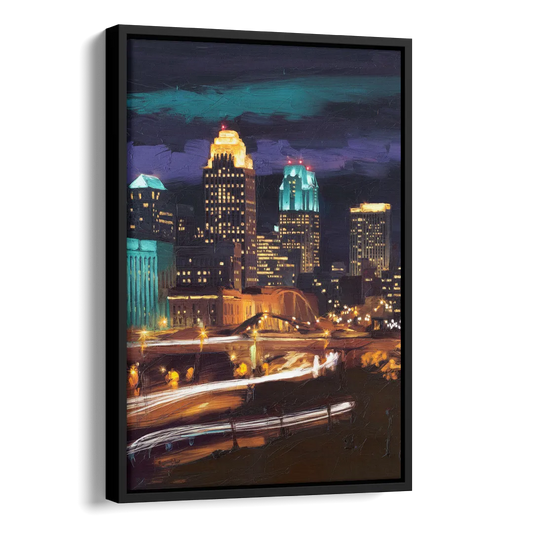Kansas City Nighttime Skyline Side - Black Canvas Wall Art