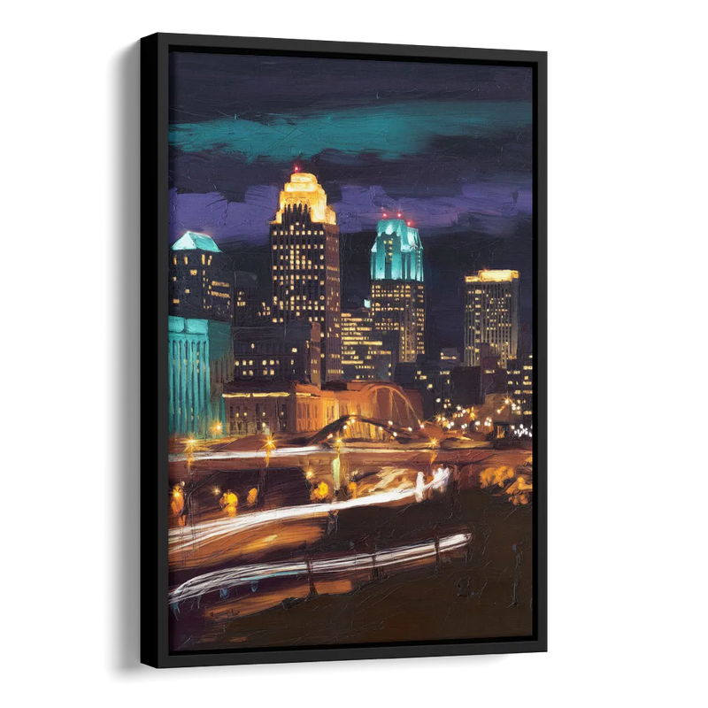 Kansas City Nighttime Skyline Side - Black Canvas Wall Art